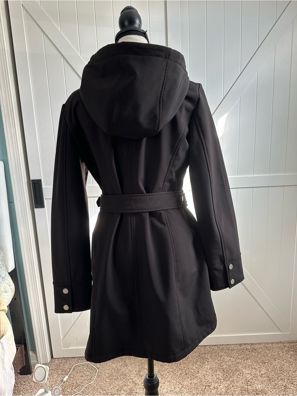 Michael Kors Black Hooded Belted Softshell Coat Jacket Gold Hardware S - Picture 6 of 10